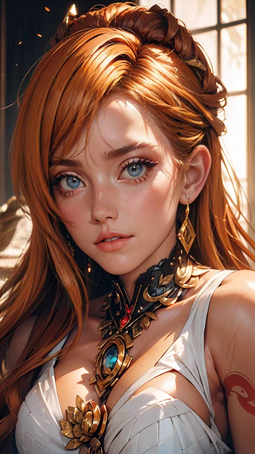 (((masterpiece))), (((highest quality: 1.4))), ((Super detailed: 1.4)) , An extremely detailed gouache painting of a tiefling woman, Gorgeous exotic features, Amber neon eyes:1.5, Orange Hair, Highly detailed facial features, Expressive Face, Detailed Texture, Blue skin tone, Tattoo, Natural Skin Shader, Volumetric, Warm shades beneath her skin, Ultra-high resolution