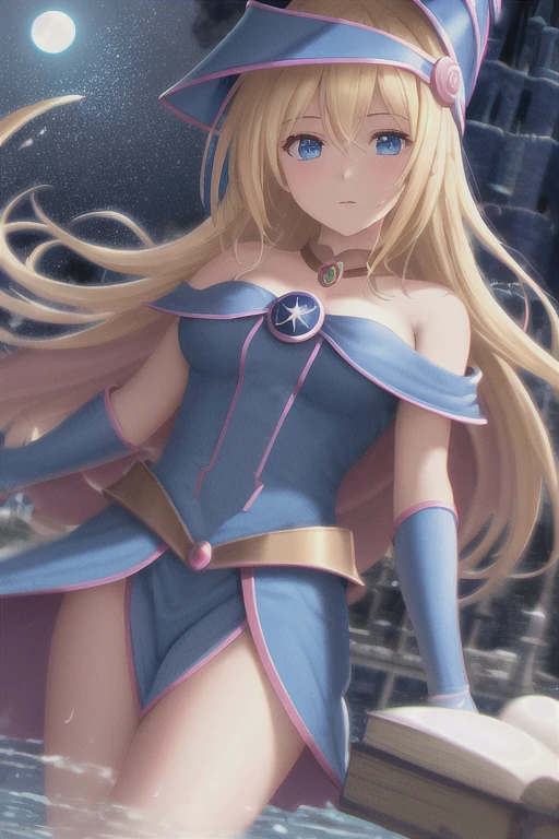 dark magician girl, masterpiece, best quality, (1girl), solo, (water), long hair, blonde hair, blue headwear, wizard hat, spell casting, castle, castle:2, motion blur, book, magic, (moonlight:1.2), chromatic aberration, depth of field, soft lighting, highly detailed face, highly detailed eyes,