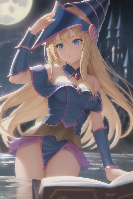 dark magician girl, masterpiece, best quality, (1girl), solo, (water), long hair, blonde hair, blue headwear, wizard hat, spell casting, castle, castle:2, motion blur, book, magic, (moonlight:1.2), chromatic aberration, depth of field, soft lighting, highly detailed face, highly detailed eyes, 