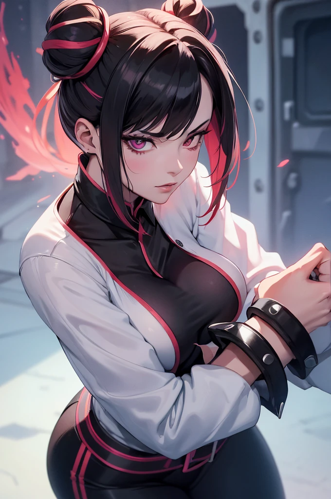 juri han,Una revista de una mujer, enojada, mirando hacia el espectador, Long sleeve shirt black pants red tie,Artistic Background,High resolution 4K, ultra detallado, sombra realista ojos rojos, cabello rojo,