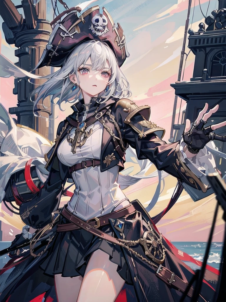 absurdres, RAW photo, extremely delicate and beautiful, masterpiece, Best Quality, ultra high resolution, 32k, hyperrealistic, ultra-detailed, perfect figure, detailed description, pale skin, 20 years old, detailed beautiful face and eyes, tearful mole, earring, short medium hair, wavy hair, full body, a heavily armored pirate, pirate captain, detailed metal armor, intricate pirate clothing, bold colors, highly detailed metal textures, holding a massive anchor,