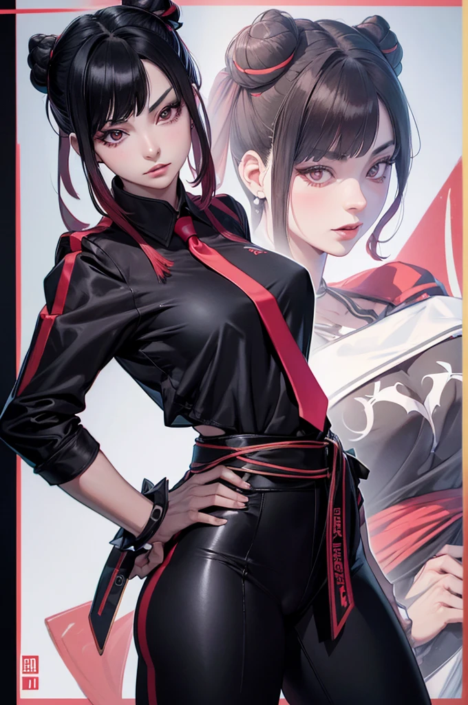 juri han,Una revista de una mujer, enojada, mirando hacia el espectador, Long sleeve shirt black pants red tie,Artistic Background,High resolution 4K, ultra detallado, sombra realista ojos rojos, cabello rojo,