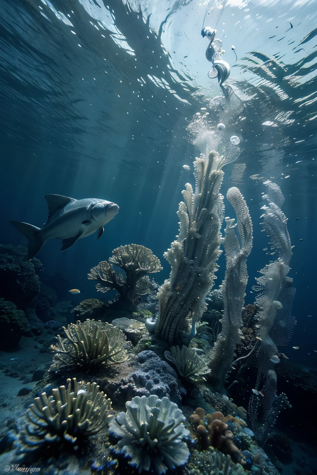 Design an abstract pattern inspired by the fluid and harmonious movements of fish in the ocean. Incorporate smooth curves and a vibrant palette of blues and greens to reflect the underwater environment.