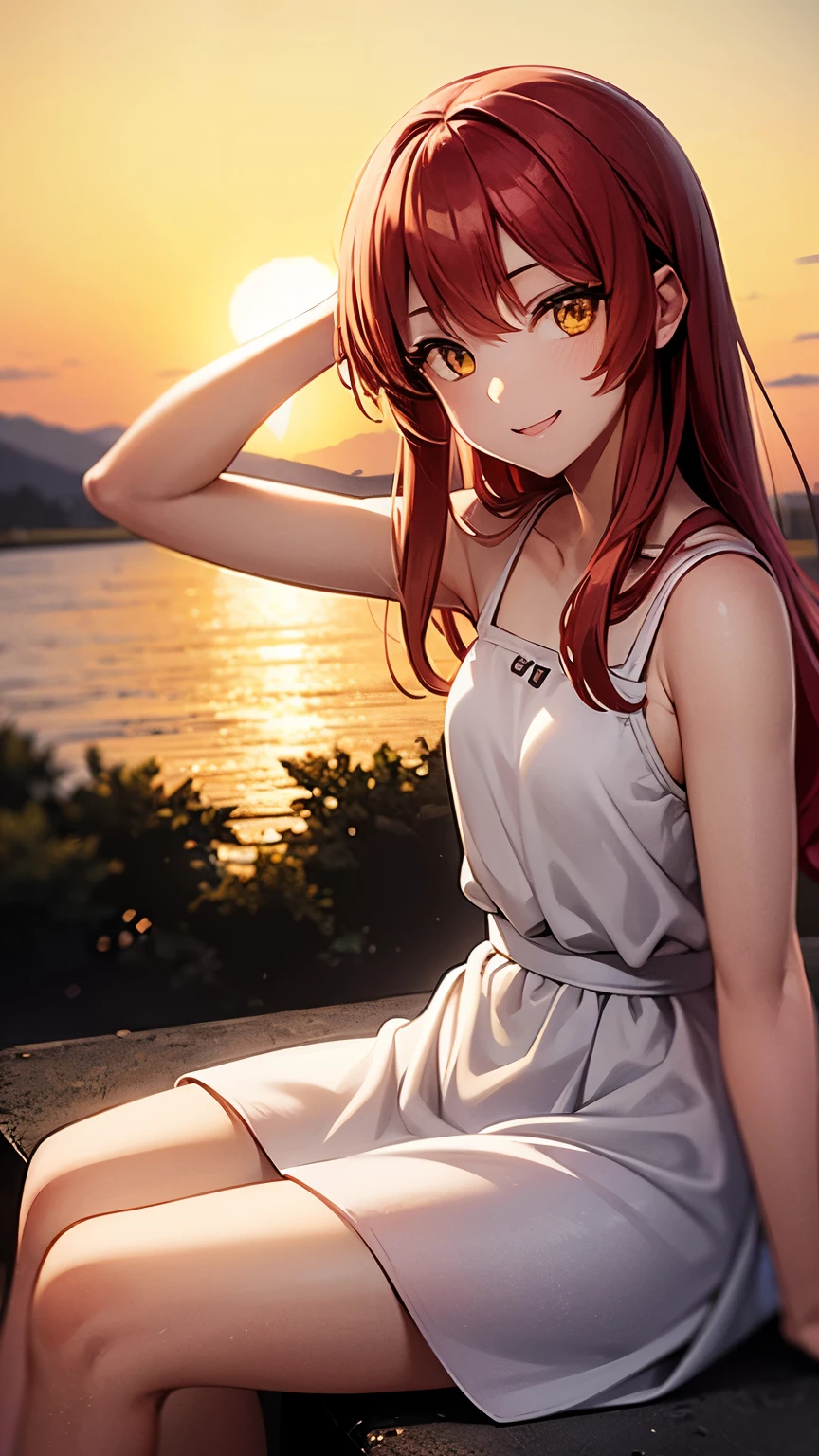 1girl, red hair, yellow eyes, wearing white dress, sitting on hill, sunset, looking at camera, smile