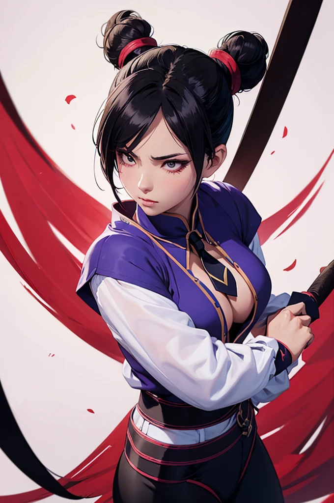 chun li,Una revista de una mujer, enojada, mirando hacia el espectador, Long sleeve shirt black pants red tie,Artistic Background,High resolution 4K, ultra detallado, sombra realista ojos rojos, cabello rojo,