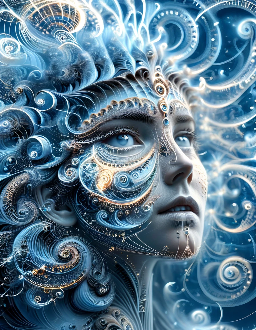 Un ciel étoilé où les constellations sont des Mathematical Equations réalistes qui prennent vie, their tendrils reach through the darkness, nombre Pi, fractals and complex geometric structures,  (une femme 35 ans, perfect and detailed eyes, electric light blue perfect pupils, corps entier), ((Mathematical Equations))