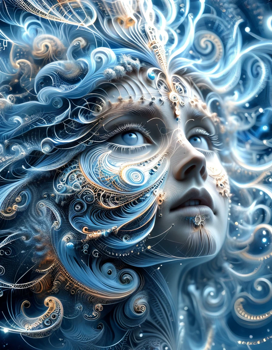 Un ciel étoilé où les constellations sont des Mathematical Equations réalistes qui prennent vie, their tendrils reach through the darkness, nombre Pi, fractals and complex geometric structures,  (une femme 35 ans, perfect and detailed eyes, electric light blue perfect pupils, corps entier), ((Mathematical Equations))