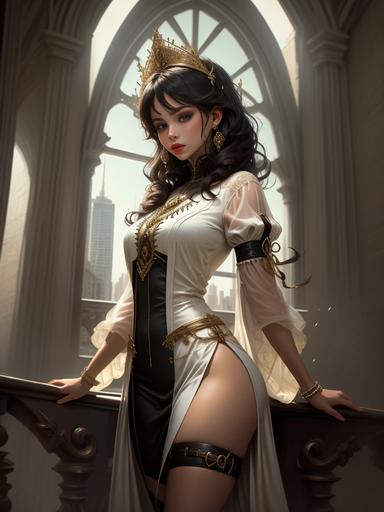 Una belleza femenina con cabello largo y rubio despeinado, mira directamente al espectador. Va vestida con una blanca camisa con mangas largas y una falda de cintura alta, adorned with delicate jewelry, incluyendo una colganta, aretes y una firma visible en la frente. His lips are half-open, and it also has a thigh strap that adds elegance to its style. The image presents a sensation of transparency, with a background of a window showing a panoramic view of the city. The combination of clothing and accessories, junto con la mirada directa de la modelo, creates a feeling of sophistication and elegance.