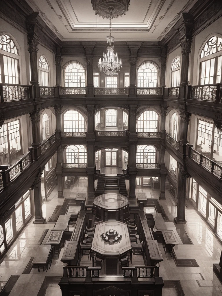 Draw a Western-style mansion with a mysterious atmosphere, resembling an Escher optical illusion.。Dark atmosphere