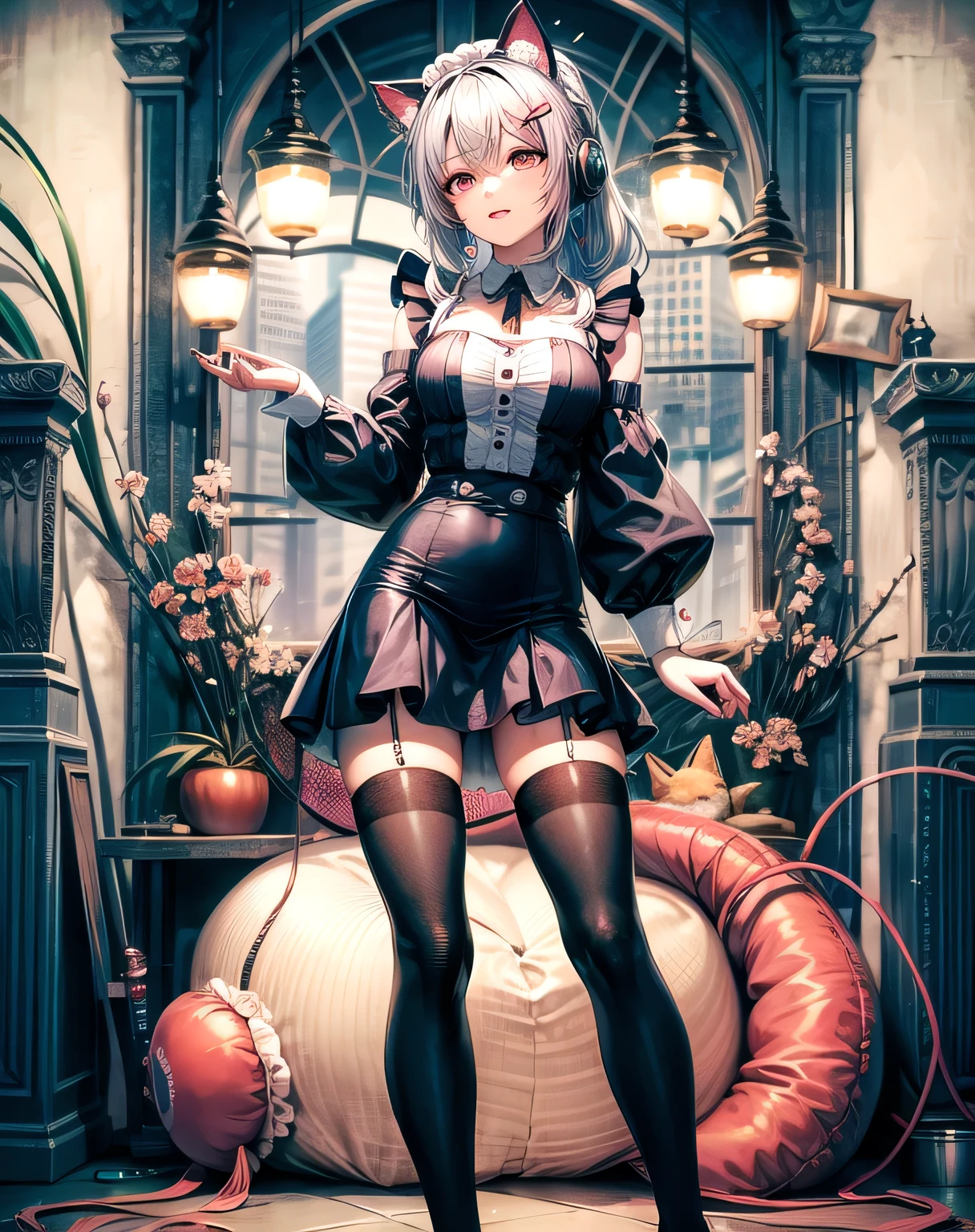 Rainbow hair, Ponytail, Hairpin, Headband, Hairpin, Maid headdress, goggles, Moles under the eyes, Heart-shaped pupil, Cat ear headphones, boring