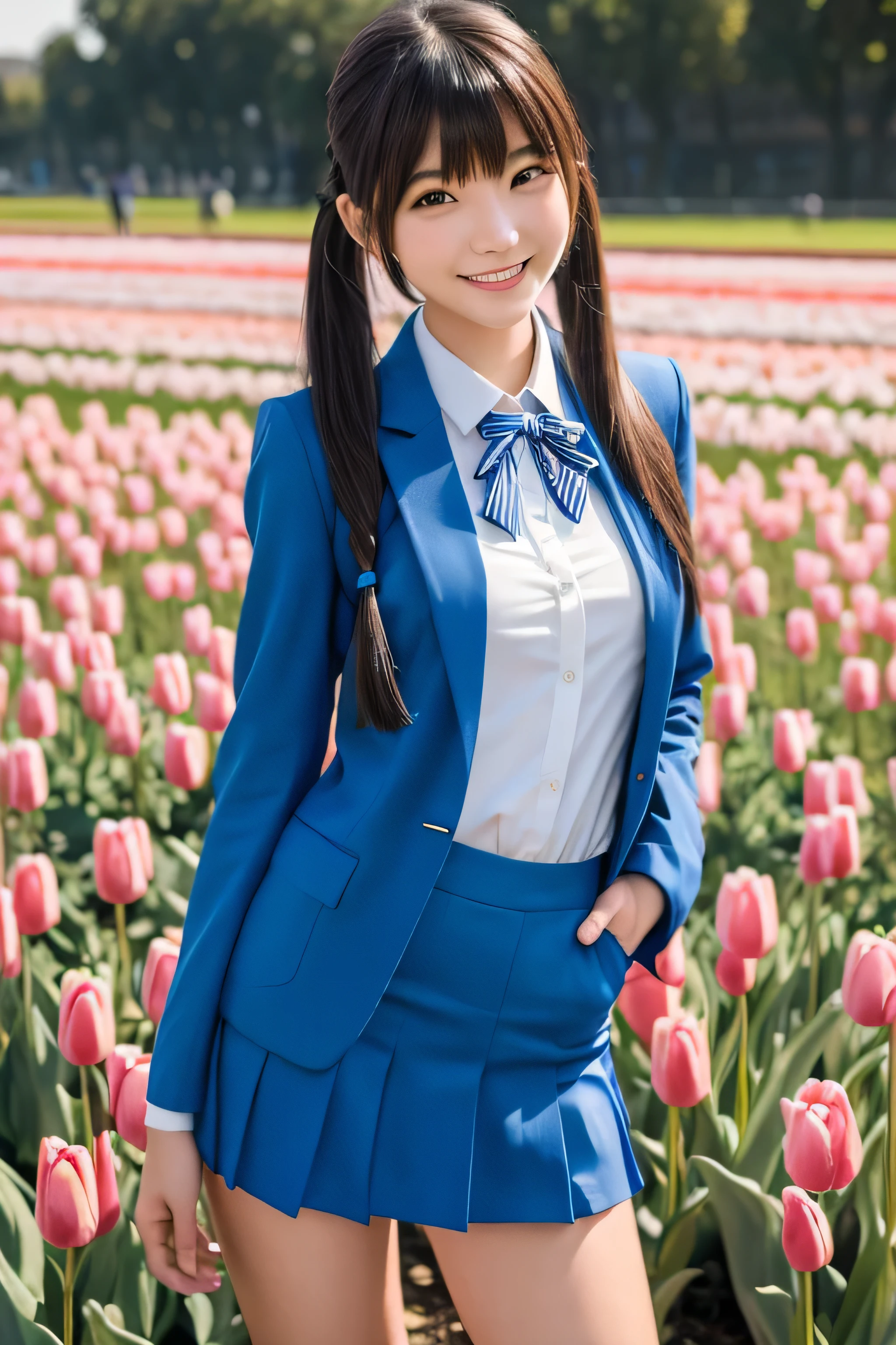 Thin woman, 17 year old slender size model,smile,a healthy woman,high school girl,smile,Blue blazer uniform,With patch,Slender body,Twin tail hair ,bangs , Bold Pose,thigh , Realistic, High quality 8k, perfection, Best image quality,Tulip flower field