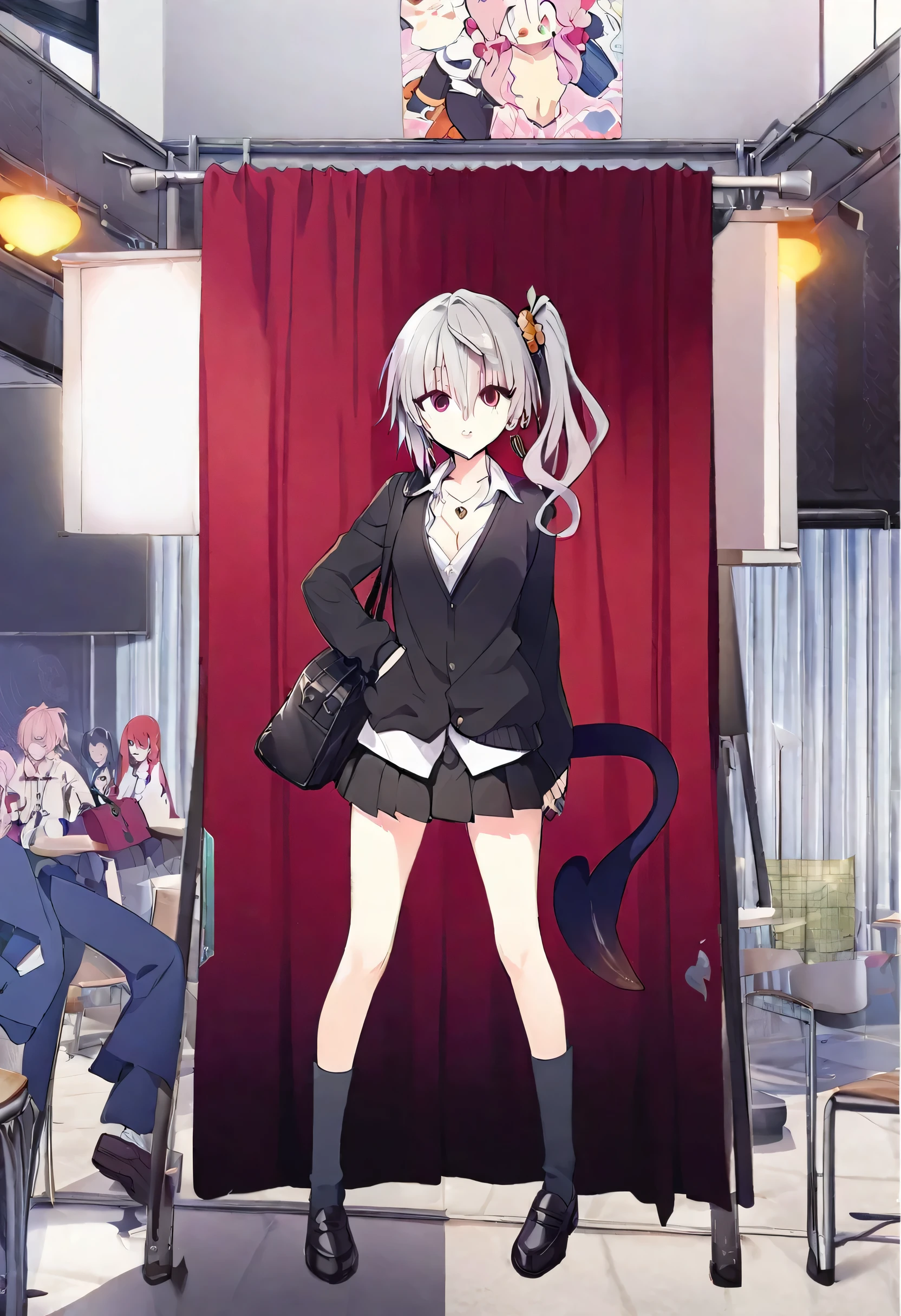 One Girl,high school student,whole body,Are standing,Dynamic,Concept Art,Side Ponytail,Scrunchie,Heart Shaped Necklace,Grey Hair,Light pink gradient hair,Beauty,Rin々Funny face,cool,18-year-old,Stylish,Height: 168cm,Long bangs that reach between the eyes,uniform,Black pleated skirt,Long sleeves,Toned body,Medium chest,Carnal breasts,Confused eyes,Unbuttoned white shirt,Fashionable clothes,Mysterious atmosphere,Knee-high socks,Black Loafers,Red colored eyes,Stylish earrings,Double teeth,albino,Tentacle tail,Has bangs,Large ring,Black ribbon tie,Black Leather Bag,Black cardigan,