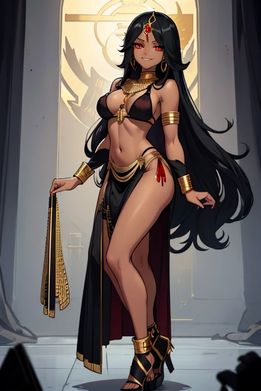 female, black long hair, red eyes, dark skin, (((1girl))), (((black bra with gold trim))), (black skirt with gold trim), (gold heels), (gold jewelry), (gold Egyptian necklace), cute and sexy, full body, large breasts, large butt, long legs, smiling