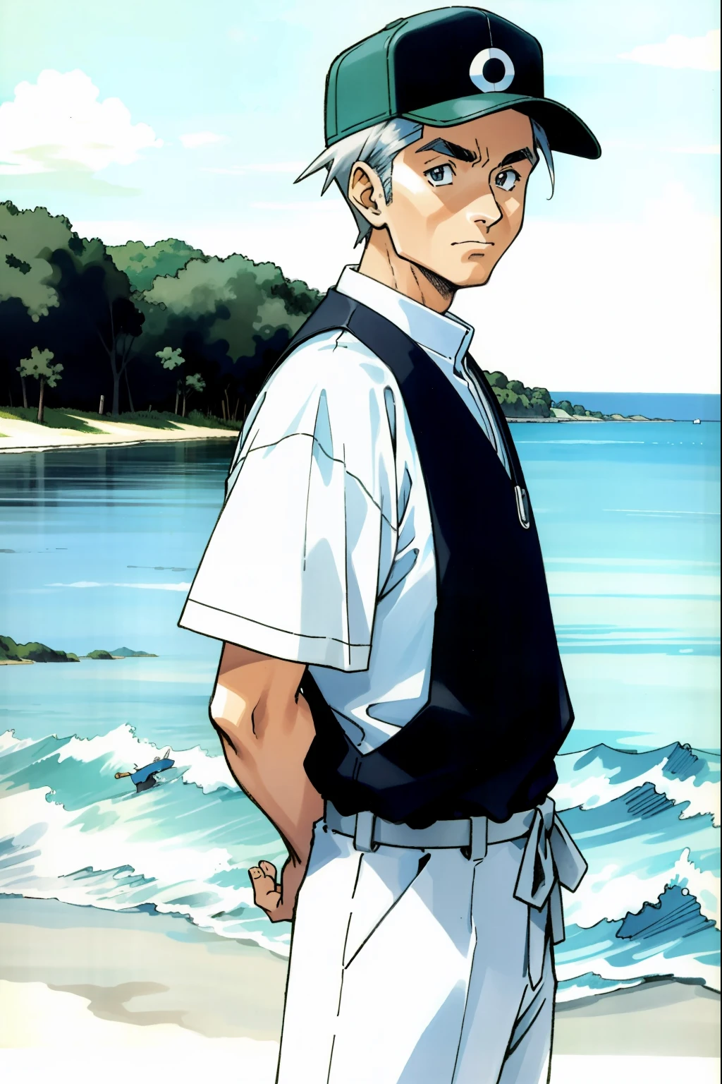 by Ken Sugimori, sugimori 1990s, ((only 1man)), older man, vest, fishing hat, background ocean, ((hands behind their back)), full black pupils, manga, best quality, highly detailed, clean lines, cowboy shot, good hands, good eyes, hd, 8k, professional, symmetrical, hires, 8k,