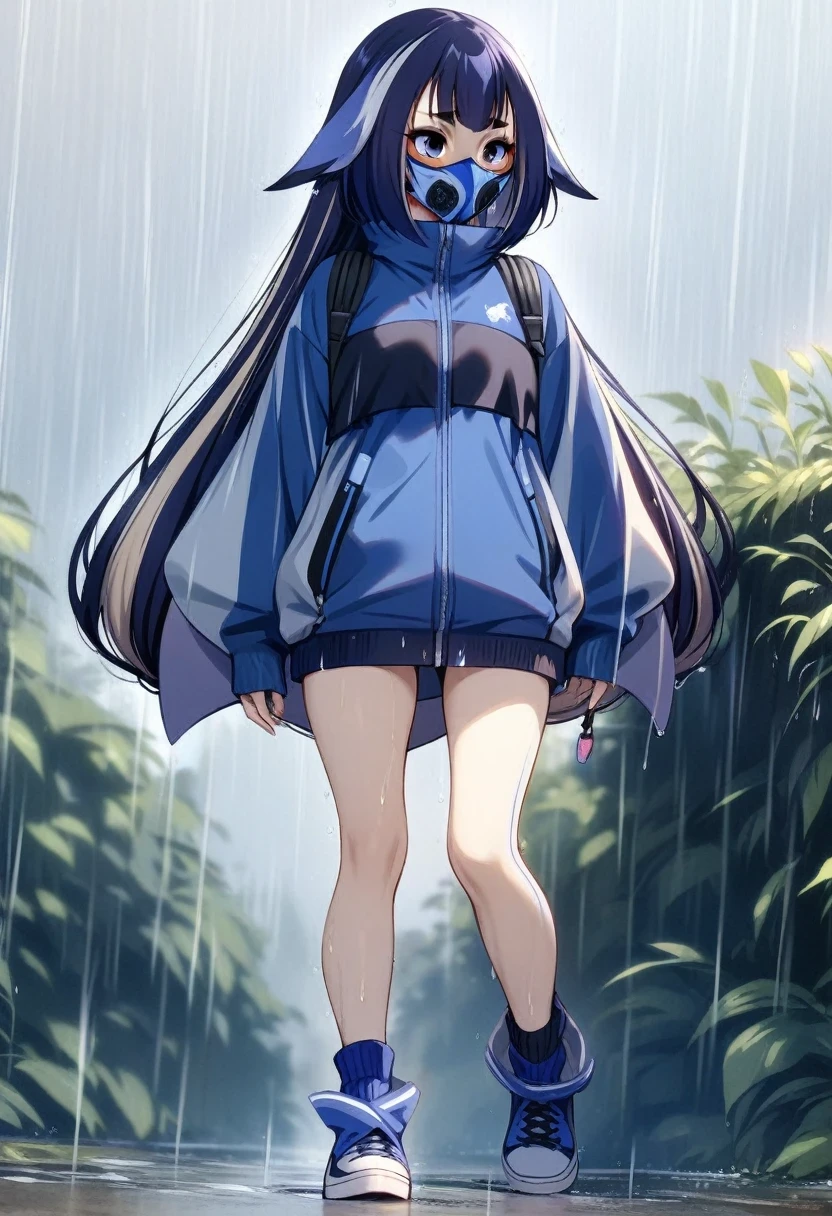 (shylily/(Twich/):1.5),(masterpiece:1.2),(best quality:1.2),Standing,long hair, Straight Hair, Tech jacket,(((Girl wearing tech mask and tech accessories))), high top sneakers,Background of rain