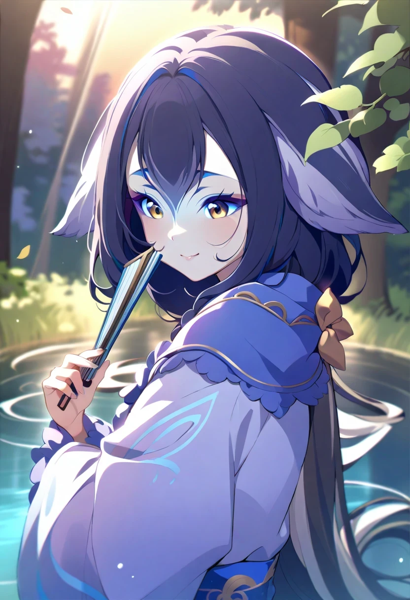 (shylily/(Twich/):1.5),Ink painting style, Fresh and elegant, Clear lake water，In the afterglow of the setting sun，Sakura petals fall quietly, girl wearing pure white kimono, Holding a folding fan，A gentle breeze ruffles the hair, In the woods dotted with green leaves, birds chirping happily, Poetic scene
