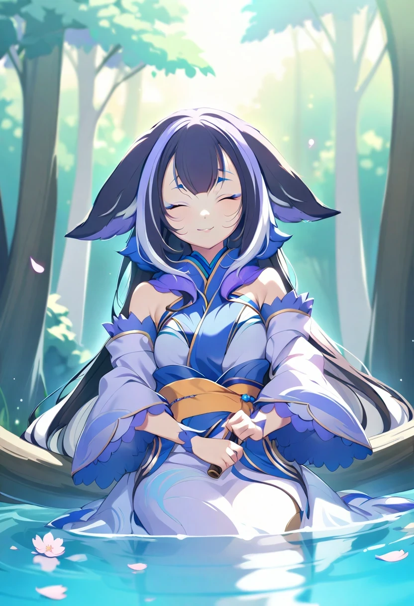 (shylily/(Twich/):1.5),Ink painting style, Fresh and elegant, Clear lake water,In the afterglow of the setting sun,Sakura petals fall quietly, girl wearing pure white kimono, Holding a folding fan,A gentle breeze ruffles the hair, In the woods dotted with green leaves, birds chirping happily, Poetic scene