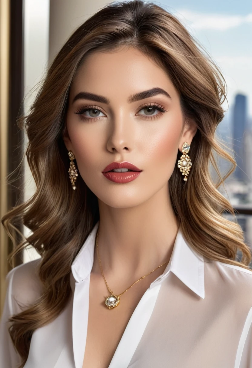 Una belleza femenina con cabello largo y rubio despeinado, mira directamente al espectador. Va vestida con una blanca camisa con mangas largas y una falda de cintura alta, adorned with delicate jewelry, incluyendo una colganta, aretes y una firma visible en la frente. His lips are half-open, and it also has a thigh strap that adds elegance to its style. The image presents a sensation of transparency, with a background of a window showing a panoramic view of the city. The combination of clothing and accessories, junto con la mirada directa de la modelo, creates a feeling of sophistication and elegance.