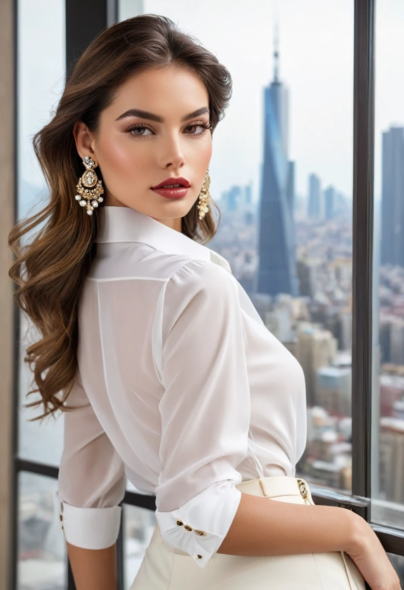 Una belleza femenina con cabello largo y rubio despeinado, mira directamente al espectador. Va vestida con una blanca camisa con mangas largas y una falda de cintura alta, adorned with delicate jewelry, incluyendo una colganta, aretes y una firma visible en la frente. His lips are half-open, and it also has a thigh strap that adds elegance to its style. The image presents a sensation of transparency, with a background of a window showing a panoramic view of the city. The combination of clothing and accessories, junto con la mirada directa de la modelo, creates a feeling of sophistication and elegance.