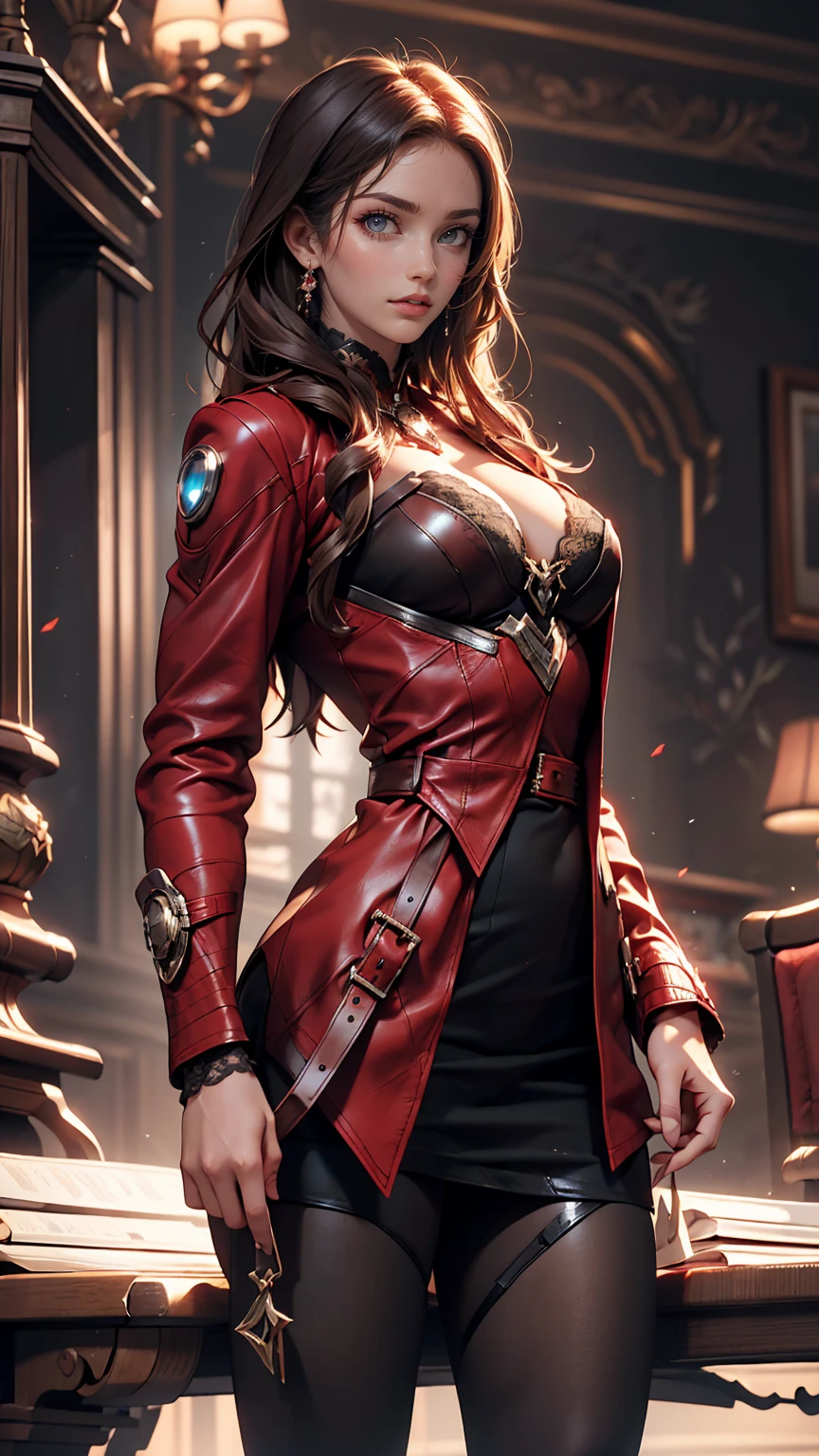 Highly detailed female photos, Lola Elizabeth, Scarlet Witch, the avengers, Wearing a black lace dress, Red leather jacket with an open neckline, 8K Ultra HD, Raw photo, Model photoshoot