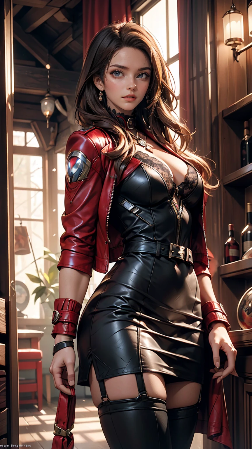 Highly detailed female photos, Lola Elizabeth, Scarlet Witch, the avengers, Wearing a black lace dress, Red leather jacket with an open neckline, 8K Ultra HD, Raw photo, Model photoshoot