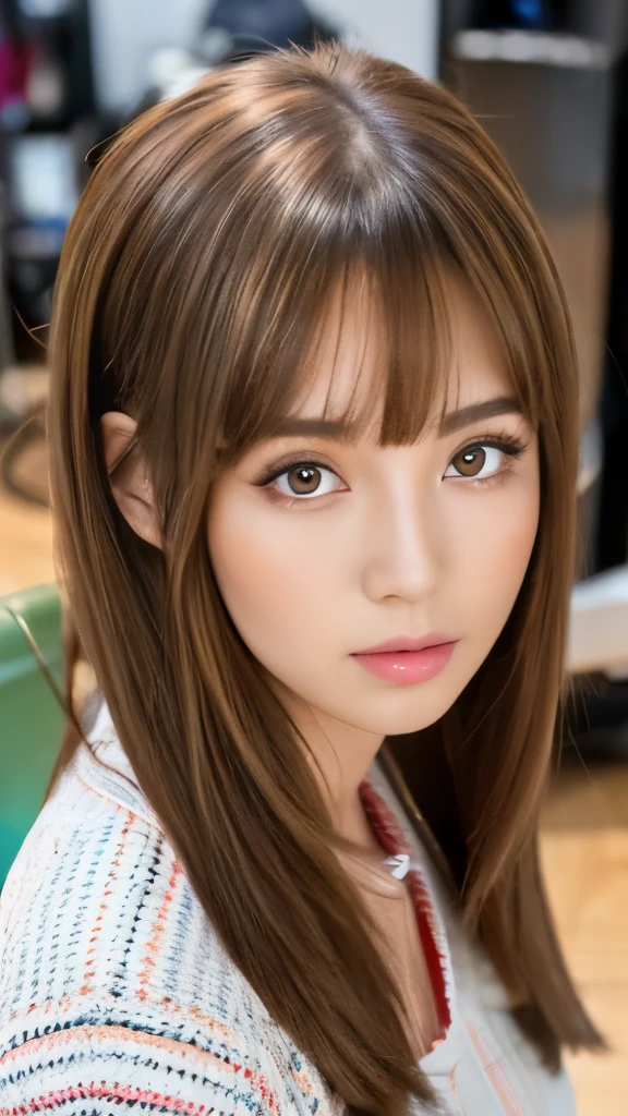 Best quality, 8k, ,Masterpiece :1.3)), facing viewer,((full body1.2)) ,pretty woman, wide shot ,1girl, , selfie , , Hair salon, brown hair , bangs,ultra-detailed face, highly detailed lips, detailed eyes, double eyelid
