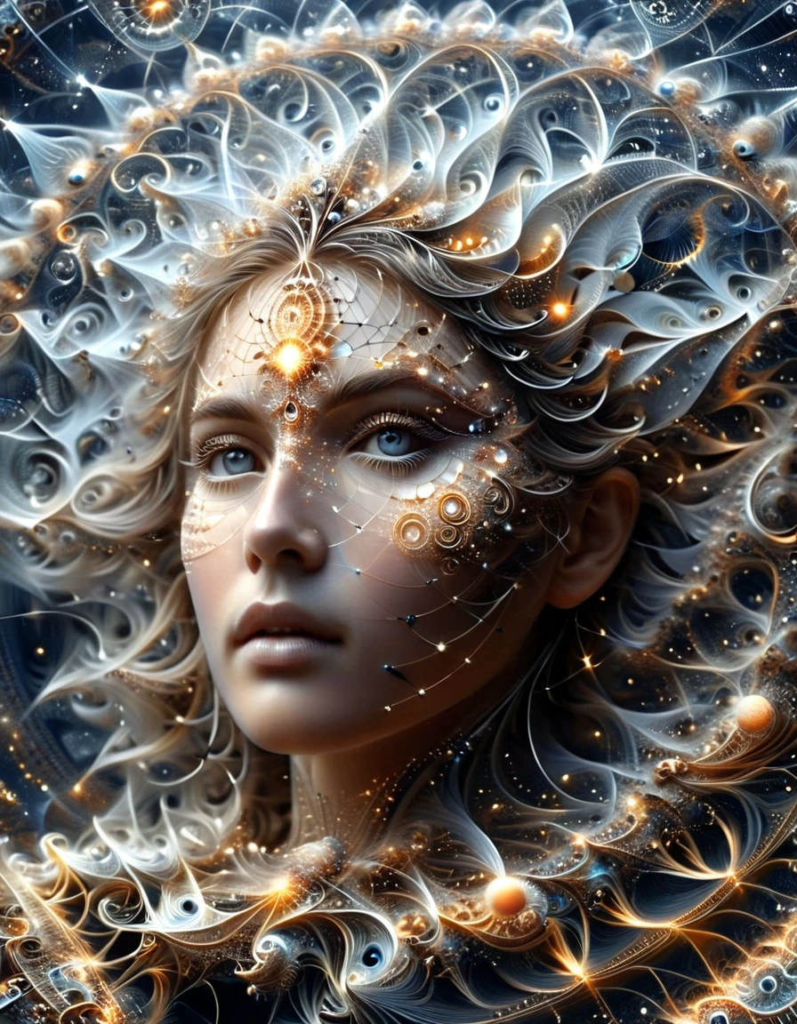 Un ciel étoilé où les constellations sont des Mathematical Equations réalistes qui prennent vie, their tendrils reach through the darkness, nombre Pi, fractals and complex geometric structures, (une femme 35 ans, perfect and detailed eyes, pupilles parfaites, corps entier, full-length), ((Mathematical Equations))