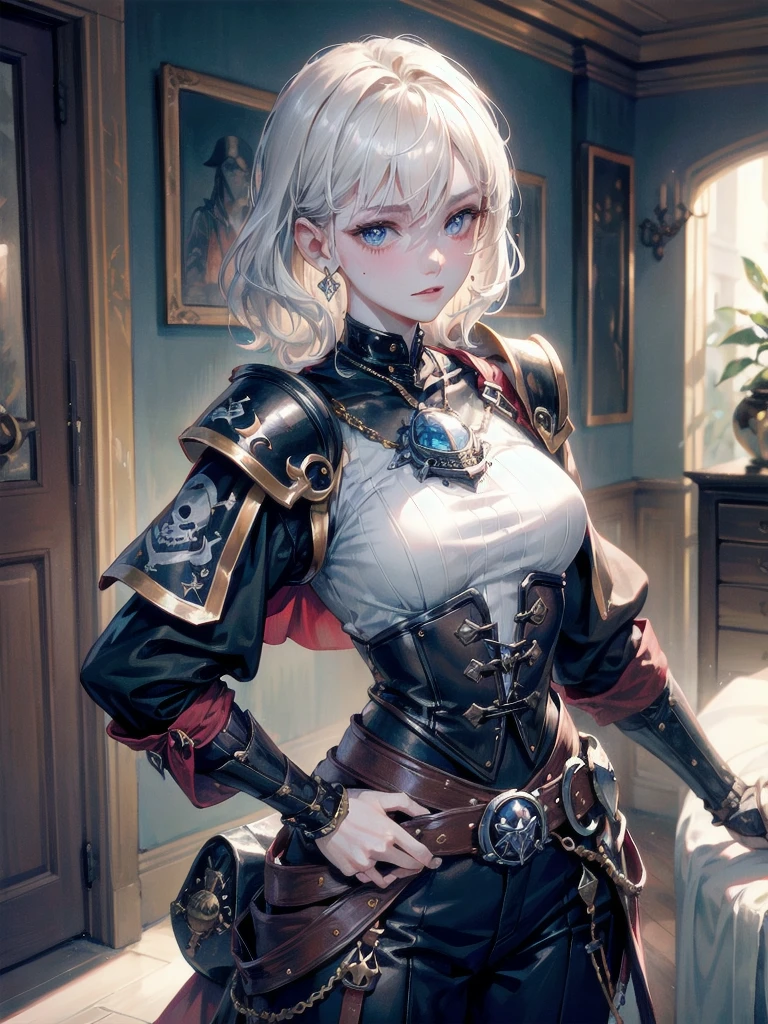 absurdres, RAW photo, extremely delicate and beautiful, masterpiece, Best Quality, ultra high resolution, 32k, hyperrealistic, ultra-detailed, perfect figure, detailed description, pale skin, 20 years old, detailed beautiful face and eyes, tearful mole, earring, short medium hair, wavy hair, full body, a heavily armored pirate, pirate captain, detailed metal armor, intricate pirate clothing, bold colors, highly detailed metal textures,