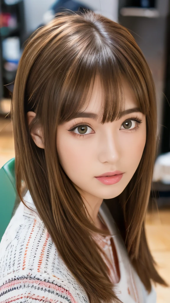 Best quality, 8k, ,Masterpiece :1.3)), facing viewer,((full body1.2)) ,pretty woman, wide shot ,1girl, , selfie , , Hair salon, brown hair , bangs,ultra-detailed face, highly detailed lips, detailed eyes, double eyelid
