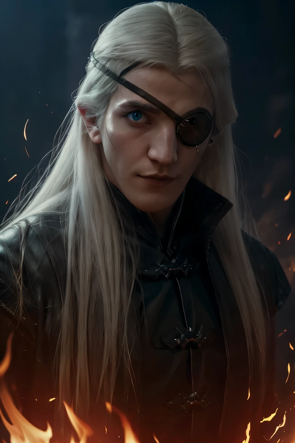 (masterpiece, best quality:1.2),  solo, (((Cinematic heavy metal poster))) of Aemond Targaryen, (((Wearing a black eye patch over his left eye))), side angle, Gothic style,  (a detailed RAW photo of a ), (master part:1.0), (best quality:1.4), (Ultra Highres:1.2), (photorealistic:1.4), 8K resolution, Canon EOS R5, 50 millimeters, Absurd, Ultra Detailed, sharp focus, Cinematic lighting, detailed face,  (ULZZANG-6500-V1.1), detailed skin texture, pale skin, chest round, (pale :0.5), Cinematic lighting. (((Abstract flames background, cinematic lighting )))