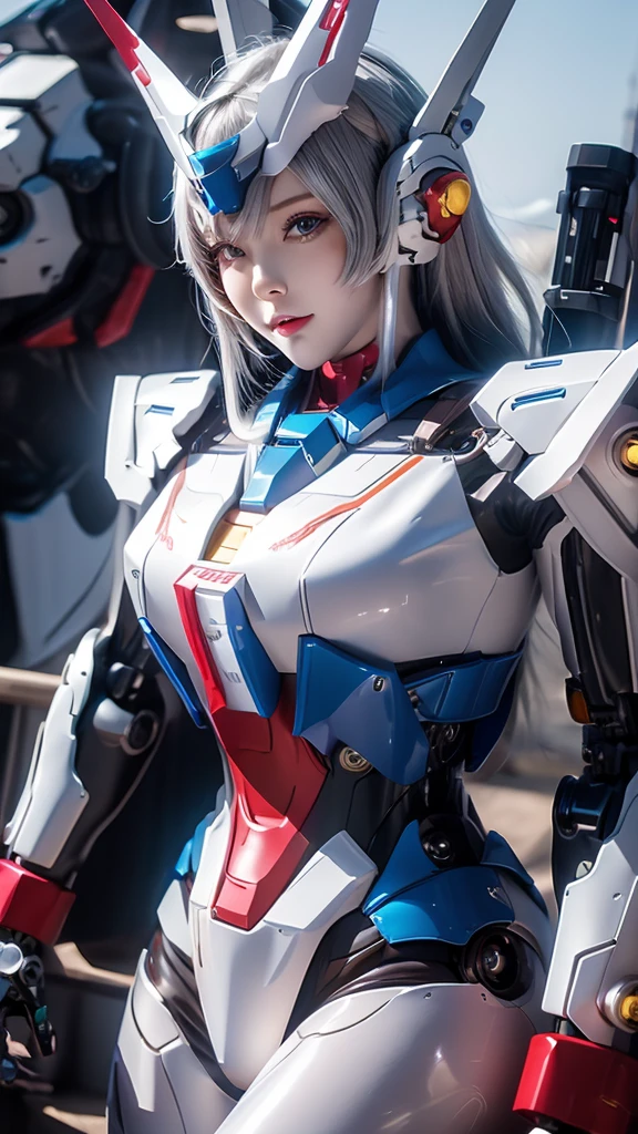 Textured skin, Super Detail, high details, High quality, Best Quality, hight resolution, 1080p, hard disk, Robot Girl,(Gundam Girl),beautiful cyborg woman,Mecha Cyborg Girl,Battle Mode,Girl with a Mecha Body,She wears a futuristic Gundam mecha,Ｗhole Photo,Mobile Suit Girl