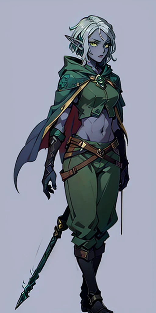 masterpiece, detailed, character, dungeons and dragons character, 1sologirl, drow elf girl ((hunter)) (silver white) medium-short hair (hair braid) cute face, detailed face, detailed eyes, green eyes ((holding long (spear:1) in hands:1.1)) (wearing fantasy (drow elf (hunter outfit)) brown pants, green jacket, cool crop top, outfit with cape and hood) ((simple background, grey color background))