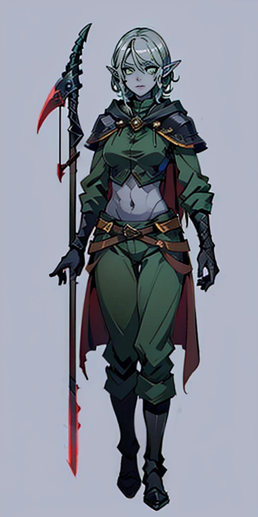 masterpiece, detailed, character, dungeons and dragons character, 1sologirl, drow elf girl ((hunter)) (silver white) medium-short hair (hair braid) cute face, detailed face, detailed eyes, green eyes ((holding long (spear:1) in hands:1.1)) (wearing fantasy (drow elf (hunter outfit)) brown pants, green jacket, cool crop top, outfit with cape and hood) ((simple background, grey color background))