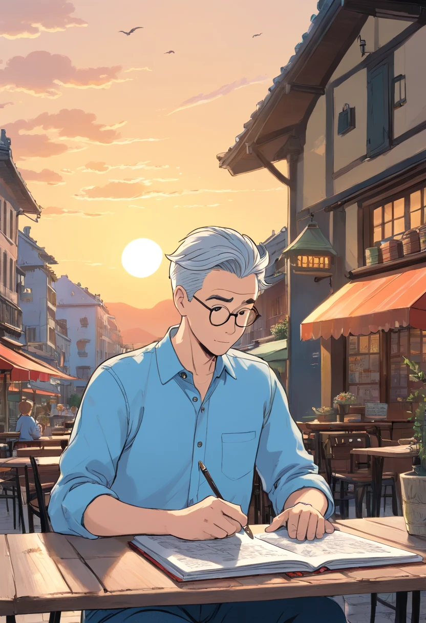(no hands mistakes) Tintin, 50 years old male wearing long sleeves light blue shirt, black denim pants, slick and neat short grey hair, drawing picture on a sketchbook on a table at an outdoor cafe at sunset, european comics