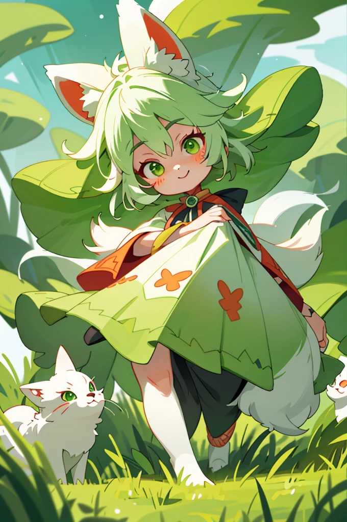 Ultra Detailed Fantasy Anime Anthro Art features a captivating, cute white fox. This adorable anthropomorphic creature wears a vibrant red poncho adorned with black and green intricate details. The fox's joyful expression is accentuated by its large, sparkling green eyes that seem to twinkle with mischief. In a playful pose, the fox sits on a lush, green grassy mound, with its paws tucked underneath its body and its tail curled over its back. The poncho billows slightly behind the fox as if caught in a playful breeze, adding an element of lively energy to the scene. This masterpiece, show