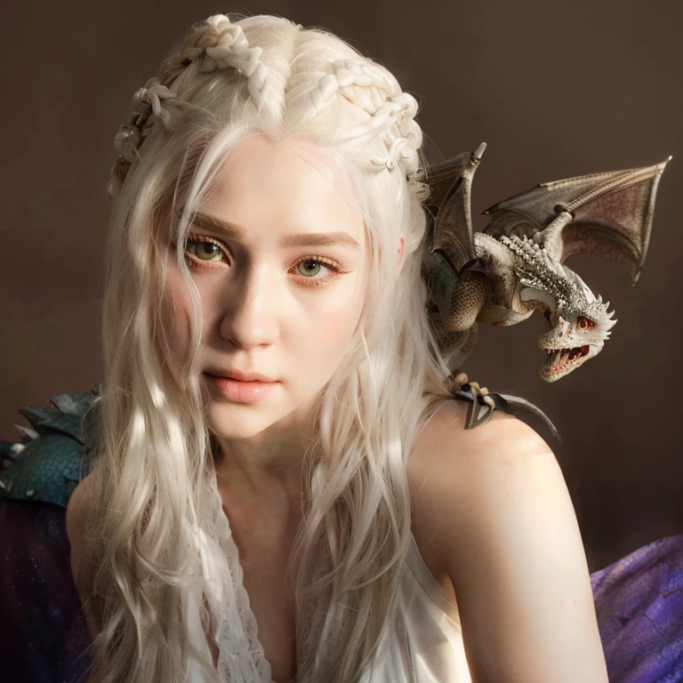 blonde woman with white hair and a white dress with a dragon on her shoulder, daenerys, Daenerys Targaryen, reina de dragones, cosplay realista, jae wonyoung the portrait of the dragon girl, fantasy photo shoot, fantasy character photo, with pale skin, estilo juego de tronos, estilo de juego de tronos, DRAGON QUEEN, hyperrealistic fantasy art, dragon scales in hair, retrato