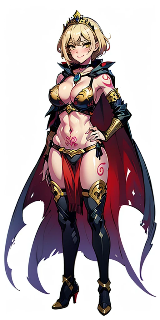 1sologirl, two long thighs, yellow eyes, blonde short hair, large breasts, detached sleeves, very white background, royal tiara, long cape, yellow tiger bikini, high heels, hands on hips. red tattoo on belly navel, full body female MILF BIMBO, lustful smirking smile face (red blush), metal shoulders, golden bracers sleeveless, black choker sex slave