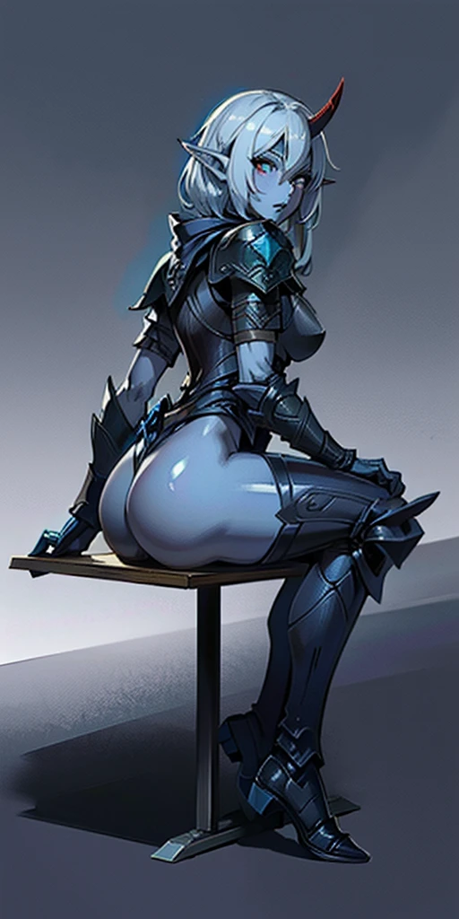 full body female Drow Elf sitting on a bench showing ass to me, blue breastplate (1girl) (blue oni skin:1.2) looking at viewer, shiny armor, military boots