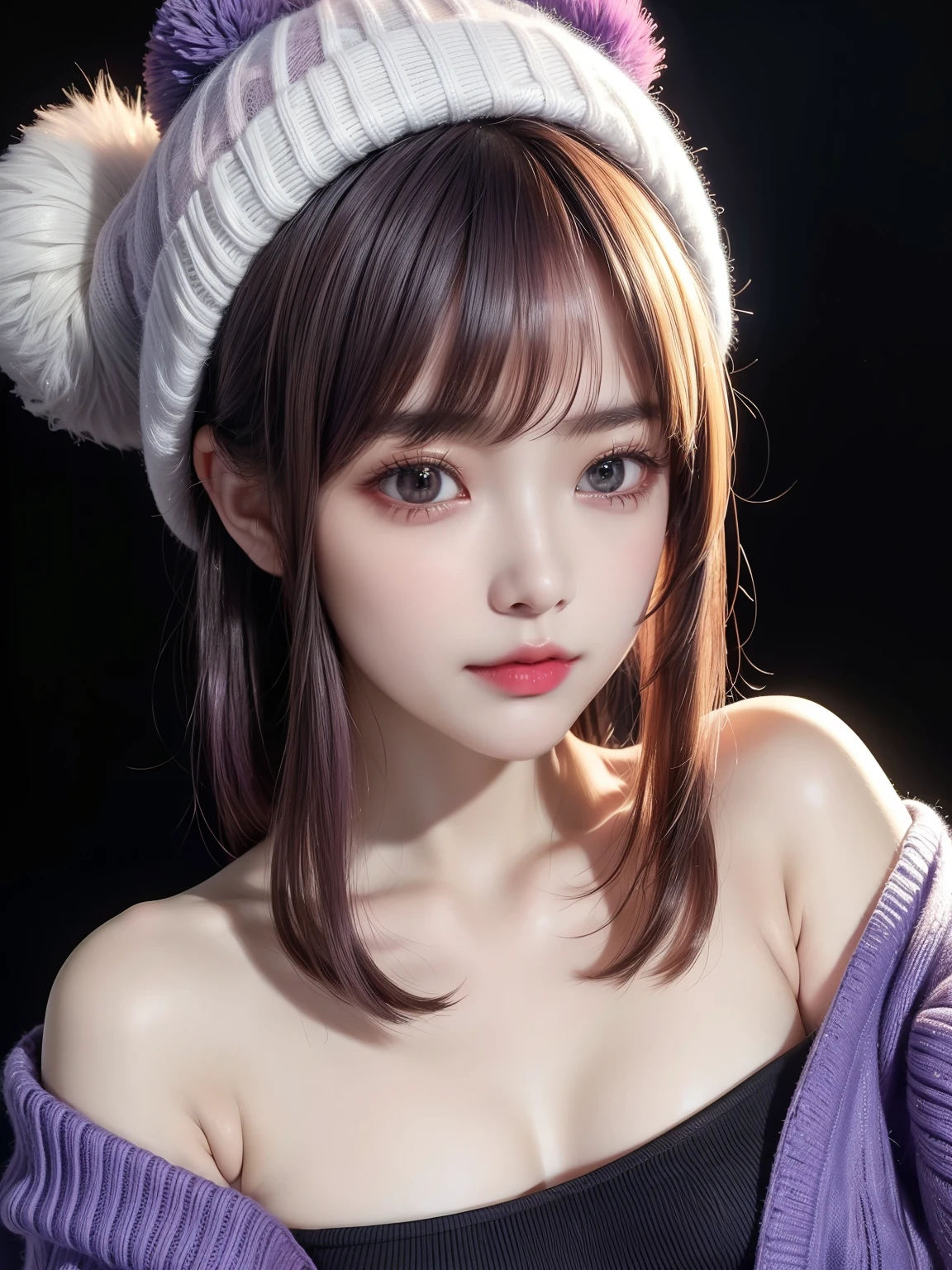 (masuter piece:1.3)、(8K、Photorealsitic、Raw photography、top-quality: 1.4)、(1girl in)、beautiful countenance、(Live-action photography)、(are visible)、(Ash-purple two-tone hair、short-hair:1.3)、(Busty Boobs)、Hoodie without front closure、((Sexy clothes))、Beanie、Wearing a knitted cute pom-pom hat、(Display hats on the screen)、realisticeyes、Beautiful details、(real looking skin)、Beautiful skins、absurderes、enticing、超A high resolution、A hyper-realistic、high-detail、the golden ratio