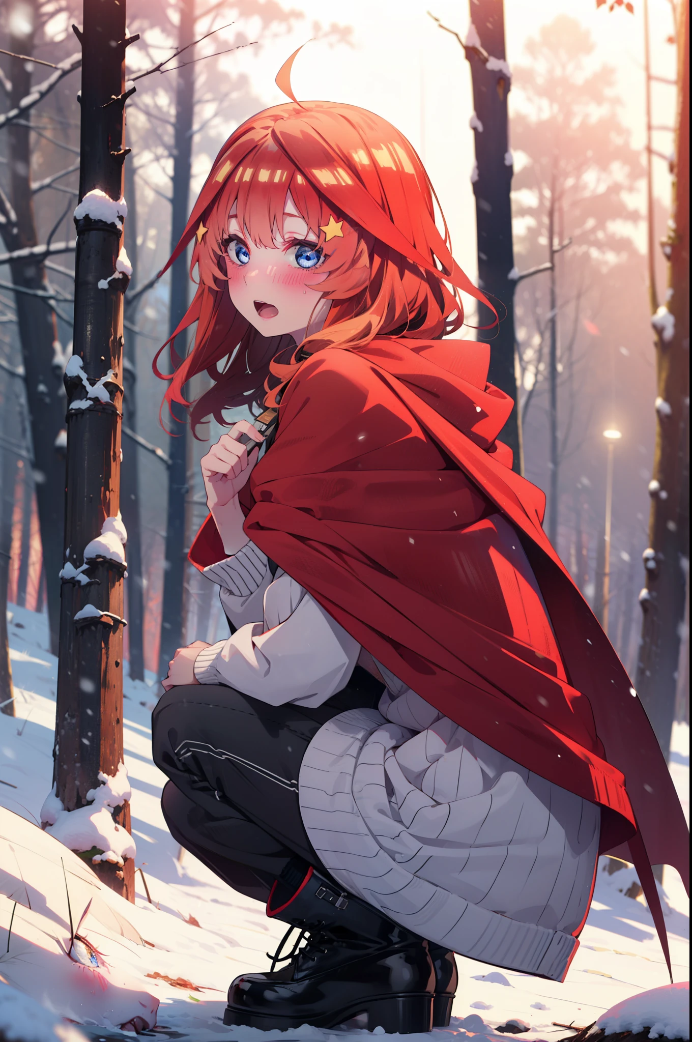 itsukinakano, Itsuki Nakano, bangs, blue eyes, Hair between the eyes, Ahoge, Redhead, star \(symbol\), hair ornaments, star hair ornaments,smile,blush,White Breath,
Open your mouth,snow, fire, Outdoor, boots, snowing, From the side, wood, suitcase, Cape, Blurred, Increase your meals, forest, White handbag, nature, Squat, Mouth closed, フードed Cape, winter, Written boundary depth, Black shoes, red Cape break looking at viewer, Upper Body, whole body, break Outdoor, forest, nature, break (masterpiece:1.2), highest quality, High resolution, unity 8k wallpaper, (shape:0.8), (Beautiful and beautiful eyes:1.6), Highly detailed face, Perfect lighting, Extremely detailed CG, (Perfect hands, Perfect Anatomy),