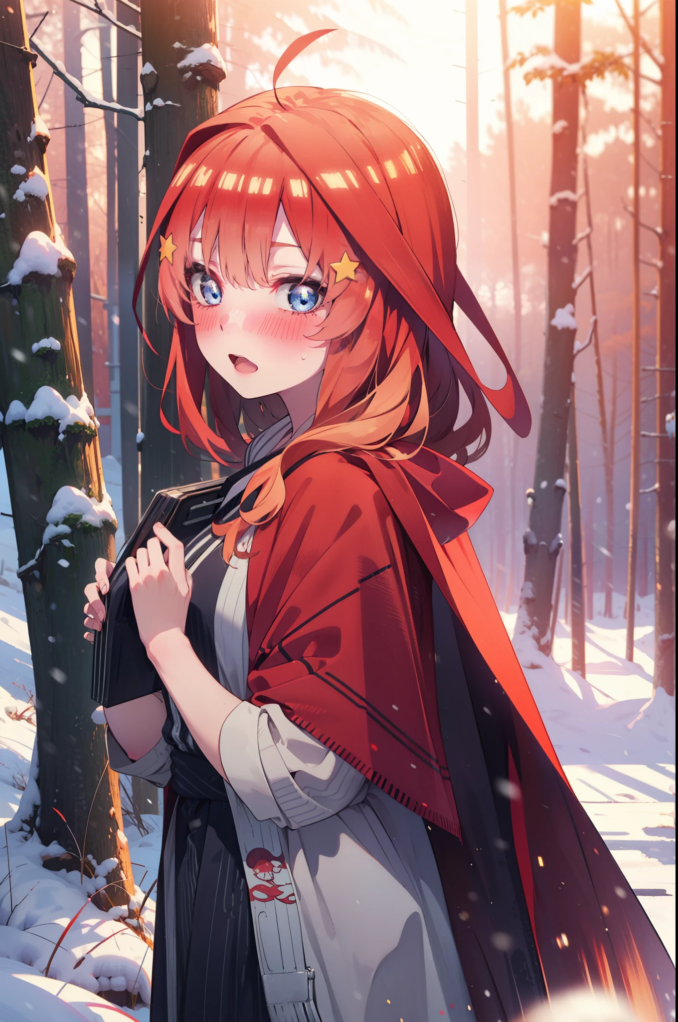itsukinakano, Itsuki Nakano, bangs, blue eyes, Hair between the eyes, Ahoge, Redhead, star \(symbol\), hair ornaments, star hair ornaments,smile,blush,White Breath,
Open your mouth,snow, fire, Outdoor, boots, snowing, From the side, wood, suitcase, Cape, Blurred, Increase your meals, forest, White handbag, nature, Squat, Mouth closed, フードed Cape, winter, Written boundary depth, Black shoes, red Cape break looking at viewer, Upper Body, whole body, break Outdoor, forest, nature, break (masterpiece:1.2), highest quality, High resolution, unity 8k wallpaper, (shape:0.8), (Beautiful and beautiful eyes:1.6), Highly detailed face, Perfect lighting, Extremely detailed CG, (Perfect hands, Perfect Anatomy),