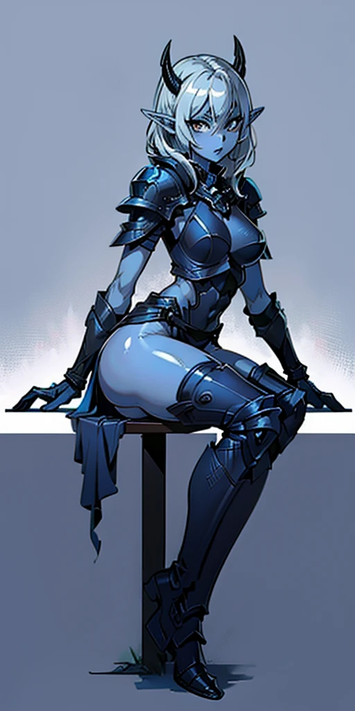 full body female Drow Elf sitting on a bench showing ass to me, blue breastplate (1girl) (blue oni skin:1.2) looking at viewer, shiny armor, military boots