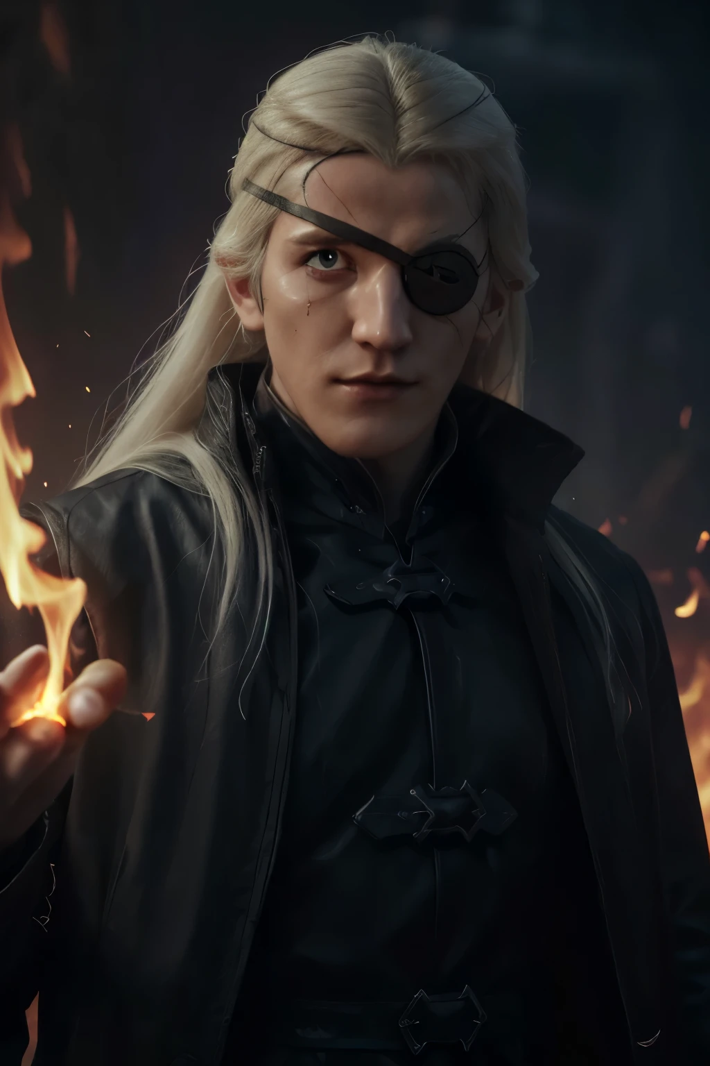 (masterpiece, best quality:1.2),  solo, (((Cinematic heavy metal poster))) of Aemond Targaryen, (((Wearing a black eye patch over his left eye))), side angle, Gothic style,  (a detailed RAW photo of a ), (master part:1.0), (best quality:1.4), (Ultra Highres:1.2), (photorealistic:1.4), 8K resolution, Canon EOS R5, 50 millimeters, Absurd, Ultra Detailed, sharp focus, Cinematic lighting, detailed face,  (ULZZANG-6500-V1.1), detailed skin texture, pale skin, chest round, (pale :0.5), Cinematic lighting. (((Abstract flames background, cinematic lighting )))