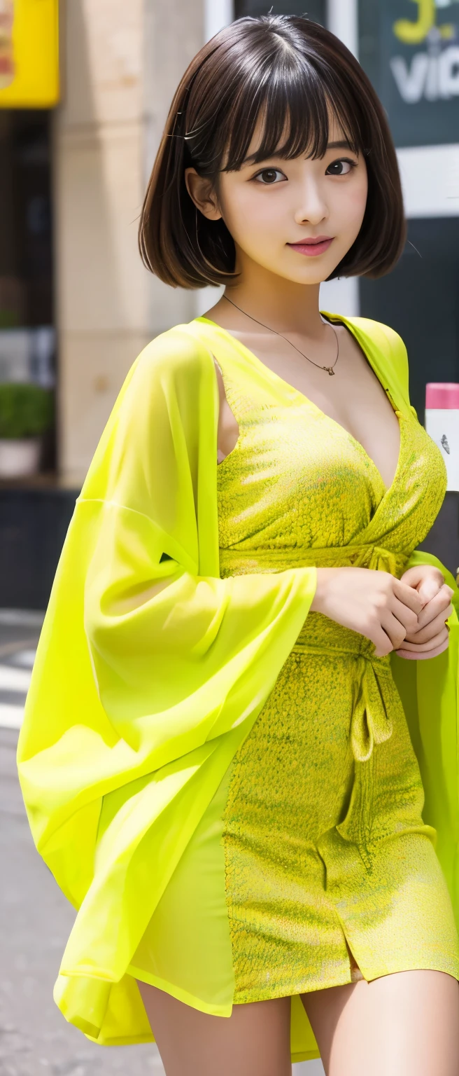 Romantic idol girl、whole body、Good style、、、、、、、、Fluorescent yellow mini kimono dress、、、、