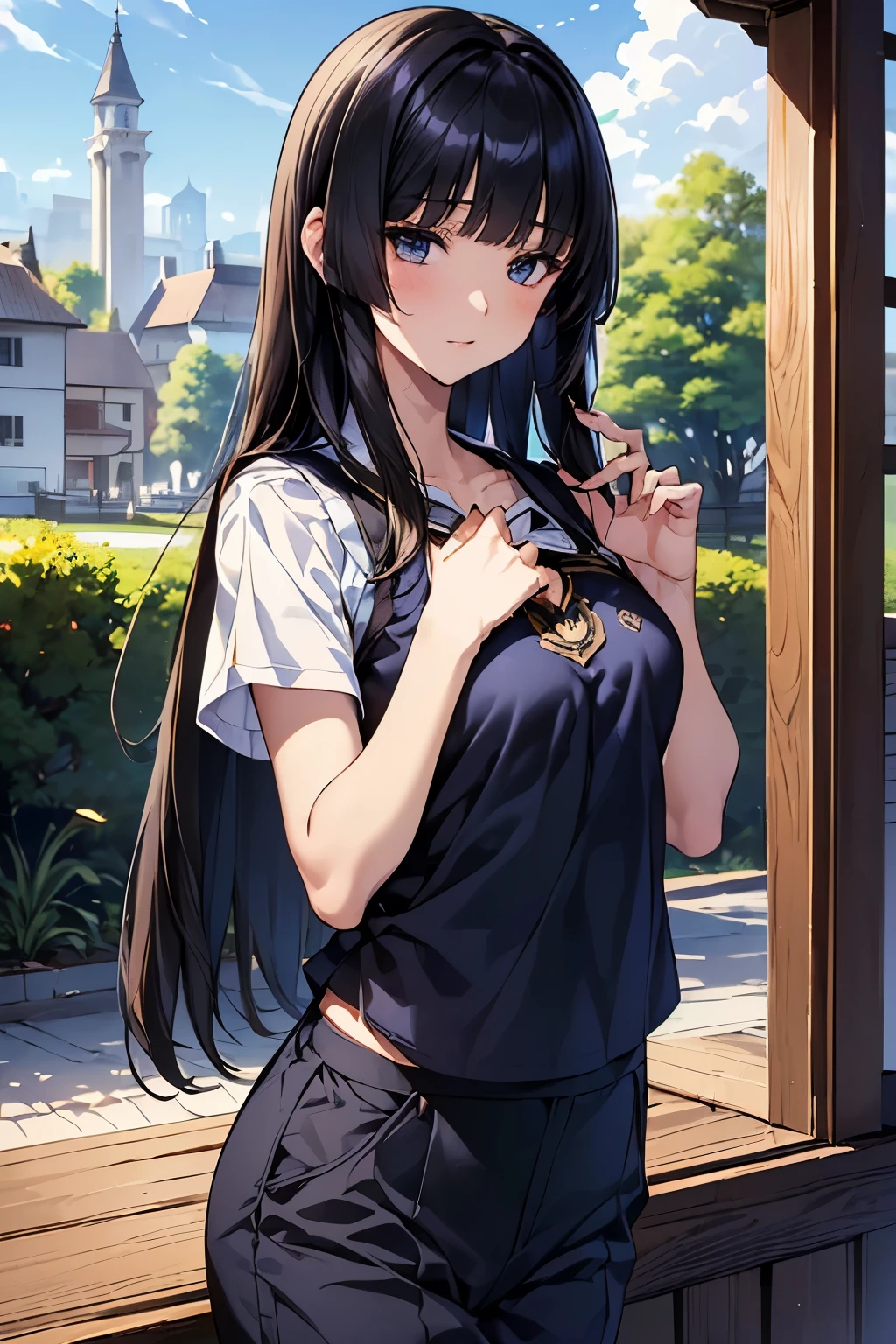 masterpiece、highest quality、Super detailed、An illustration、Beautiful detailed eyes、One girl、cute、Detailed landscape、Background of school grounds、(Black Hair, Long Hair:1.4, Hime cut:1.3)、((D cup breasts, Collared short-sleeved shirt:1.3, A navy blue vest with the school emblem on the chest, Navy blue slacks))