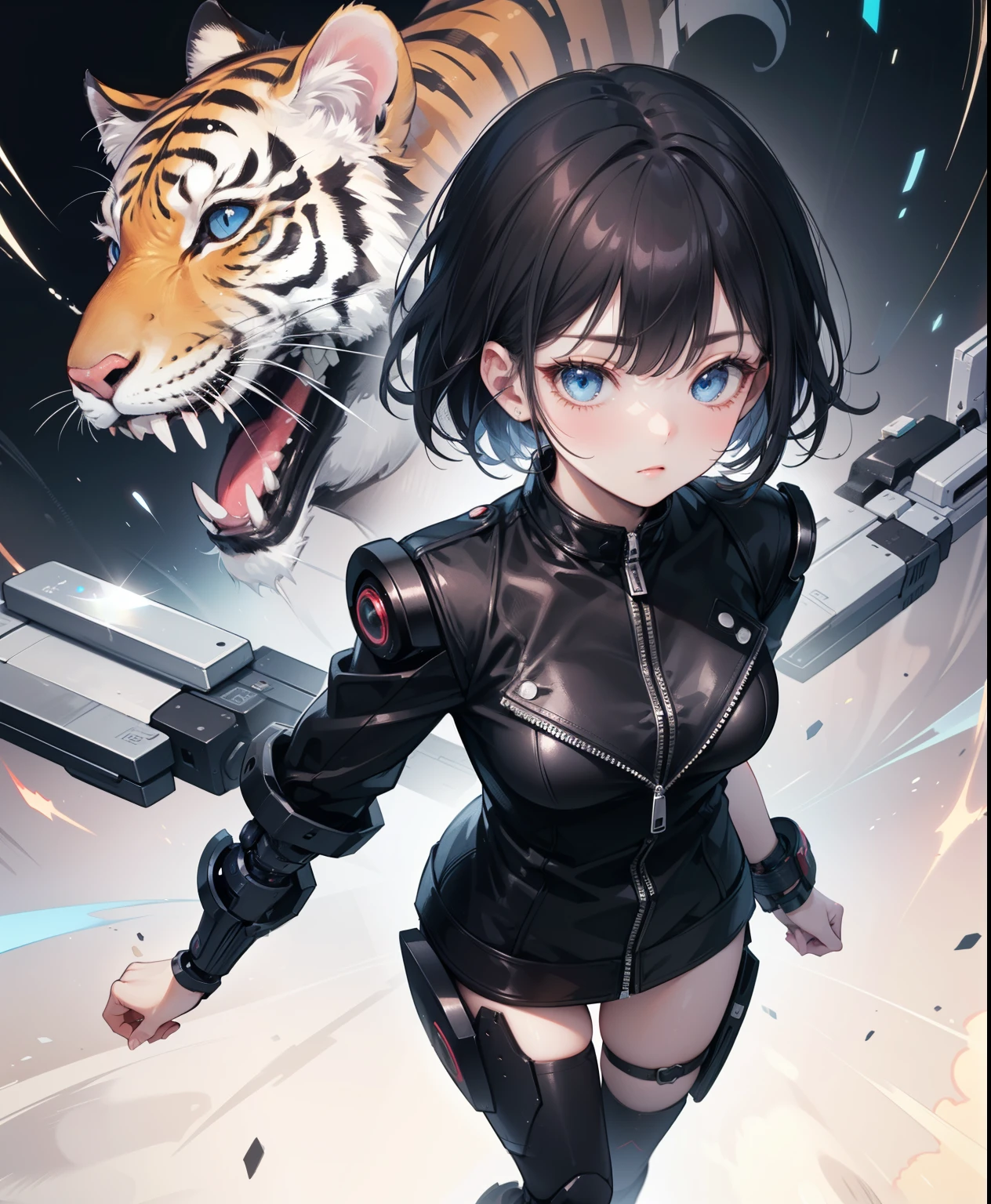 (short black hair),(blue eyes), (Detailed illustrations,Very detailed and detailed drawing,Delicate lines with slow and rapid),[Color tressed main line],[Briefing Room Background],([HENTAI] ANIME (JapaneseGirl (Beautiful fece) Cyborg 17 years old) [Wild Hair]) well-muscled [[KARATE]] Both arms of the machine [Built-in V8 engine:0.3],(Black leather jacket) ([a tiger] Translucent rubber inner) [Tiger Stripe],[[Chrome coating:0.5]],(Science Fiction Mechanical [Bioengineering]),(Intricate and beautiful decoration [Dense detail]),(Fine and beautiful skin expression [Transparency]),[Perfect eye details (Iris beautifully drawn in every detail)[Jewel-like eyes]],[long and beautiful eyelashes],[Meticulously drawn hair [More on beautiful and shiny hair]],(Perfect hand details [Beautiful fingers without breakdowns [Beautiful nails]]),(Perfect Anatomy (Perfectly proportioned)) [[Full body like]],[Ideal color coordination(Accurate simulation of light-material interactions)],(HighQuality,[Precision Detail] hight resolution,(detaileds,high-detail)),[Visual art that conveys a sense of narrative].