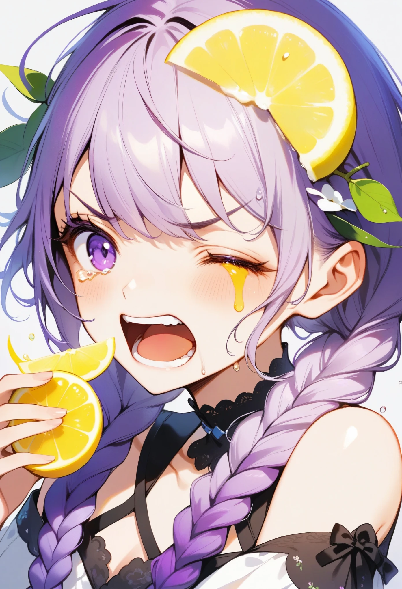 Acid expression。Big mouth,Lemon for teeth,Stubborn purple long braids,Tears,Close one eye,Lemon in hand。
