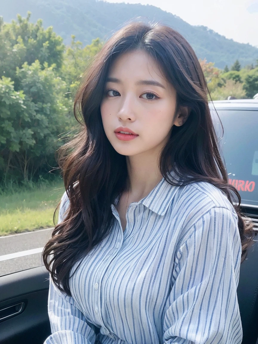 ((highest quality、8k、masterpiece:1.3))、Sharp focus, High resolution, High resolution, Portraits, Japanese, Beautiful woman, 28 years old, plump, Wavy Hair, Hair blowing in the wind、blouse, Fascinating face, sitting in the driver's seat of a car, Serious look、Car steering