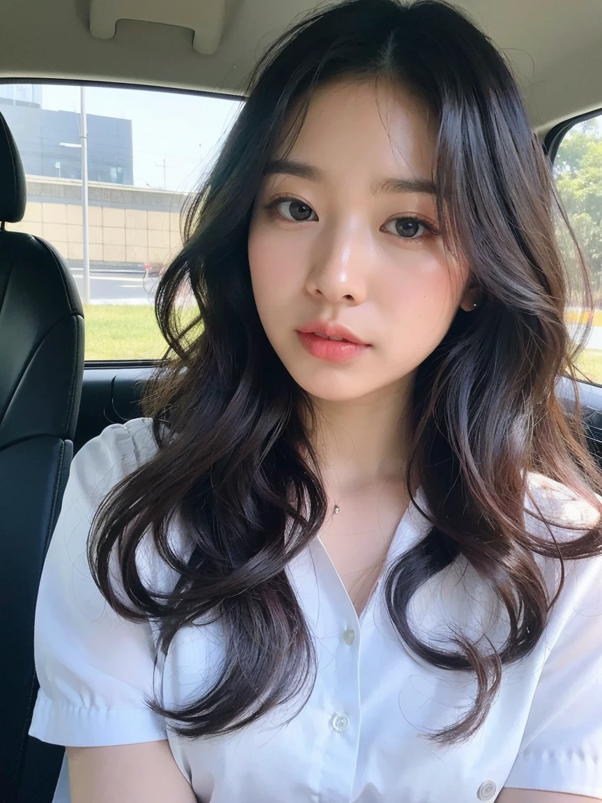 ((highest quality、8k、masterpiece:1.3))、Sharp focus, High resolution, High resolution, Portraits, Japanese, Beautiful woman, 28 years old, plump, Wavy Hair, Hair blowing in the wind、blouse, Fascinating face, sitting in the driver's seat of a car, Serious look、Car steering