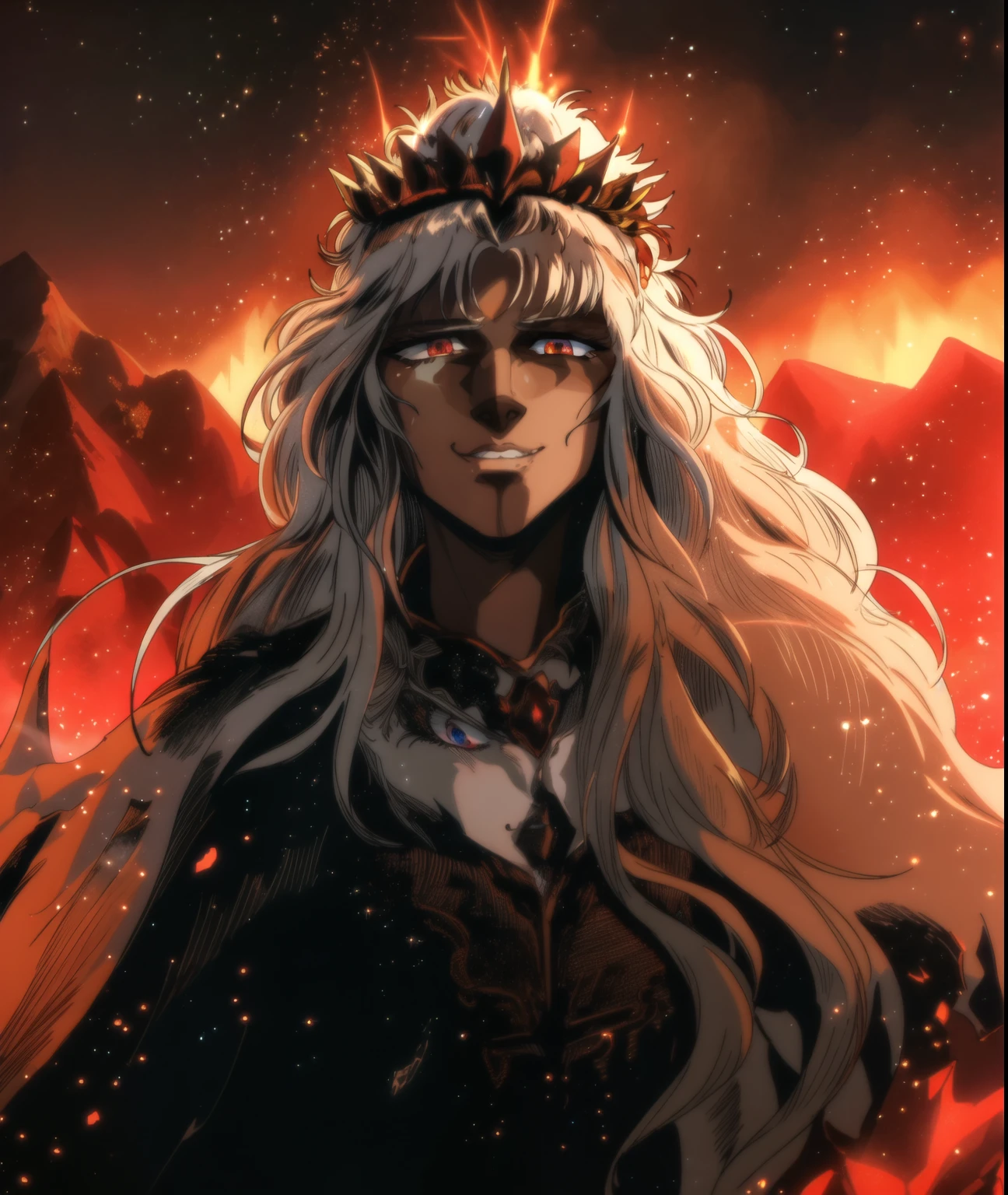 Jean-Baptiste Monge style, 40 year old fire priestess Queen with long white hair wearing a crown, sly grin on her face, red mountain background, dramatic lighting, 8k, epic lighting, cinematic, hyper realistic, beautiful, details, half body portrait, facing camera
